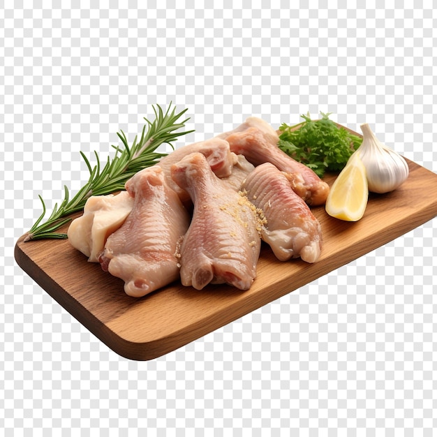 Ali di pollo, erbe, aglio e coltello su tavola di legno isolate su uno sfondo trasparente