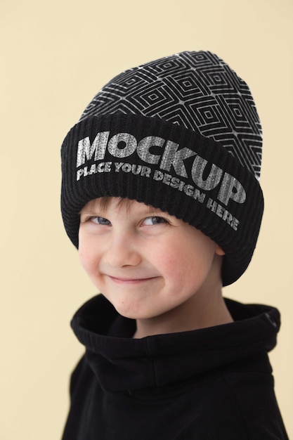 Child Wearing Beanie Mockup