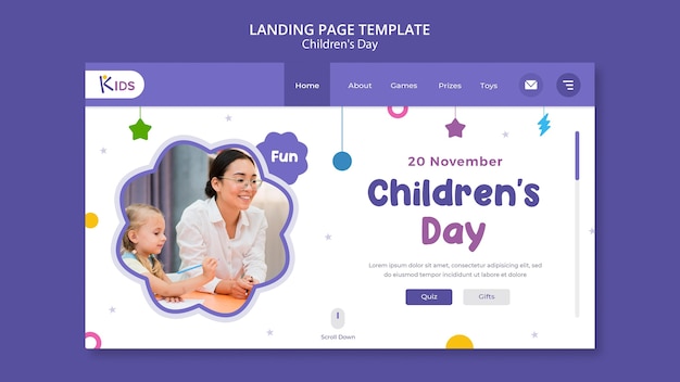 Бесплатный PSD Дизайн шаблона целевой страницы детского дня