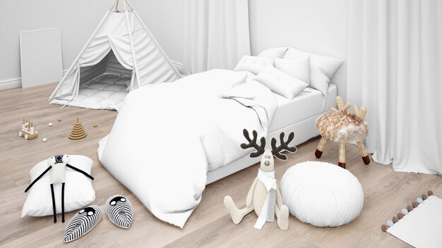 Children's bedroom with many toys. Modern decoration