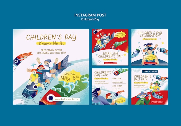 Free PSD children's day celebration instagram posts  template