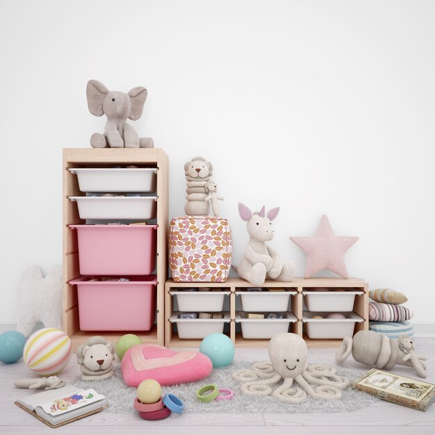 Children's play room with storage drawers and many toys