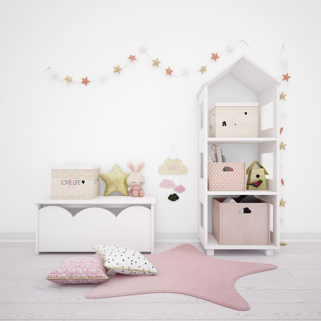 Children's room decorated with cute objects and white furniture