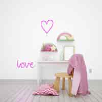 Free PSD children's room decorated with cute objects and the word 