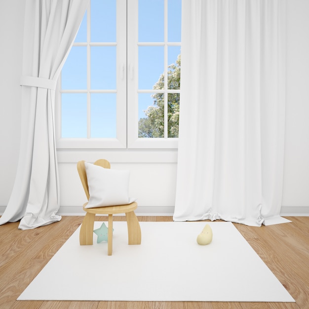 Детская комната с маленьким стулом и белым окном