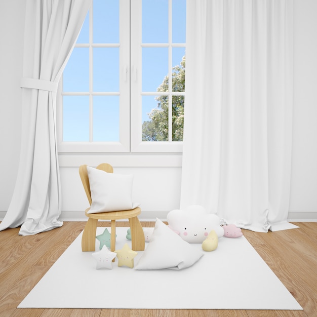 小さな椅子と白い窓のある子供部屋