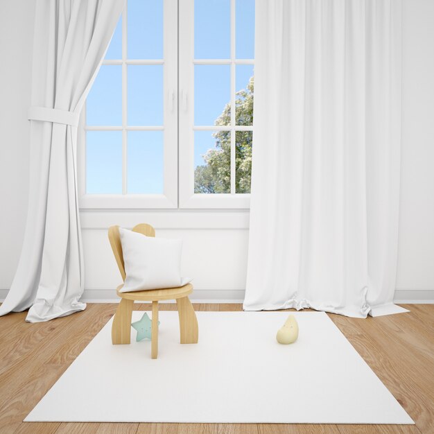 작은 의자와 흰색 창이있는 어린이 방