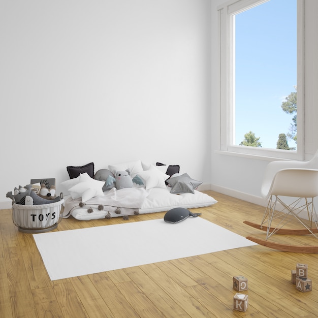 Children's room with sofa and carpet on wooden floor