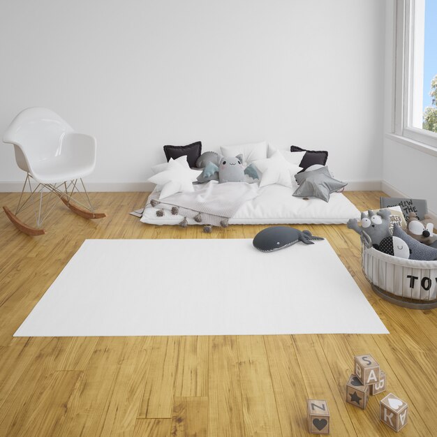 children's room with sofa and carpet on wooden floor