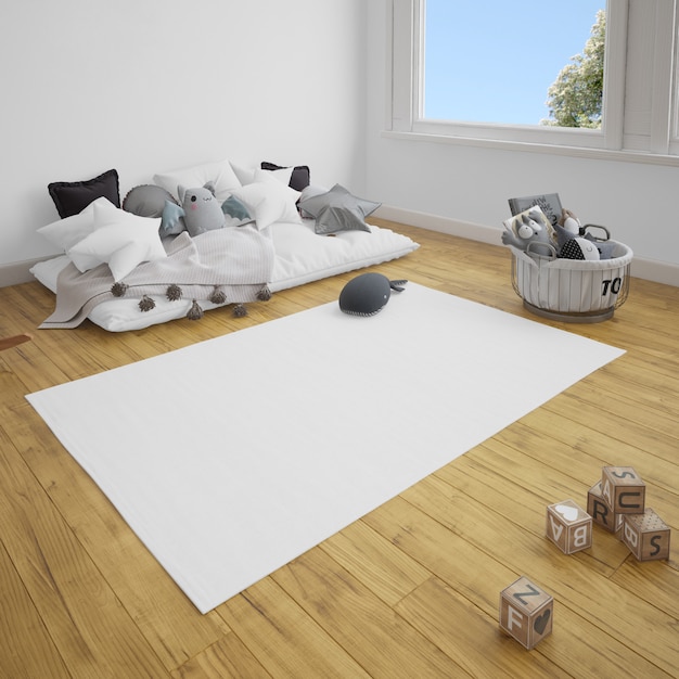 Children's room with sofa and carpet on wooden floor