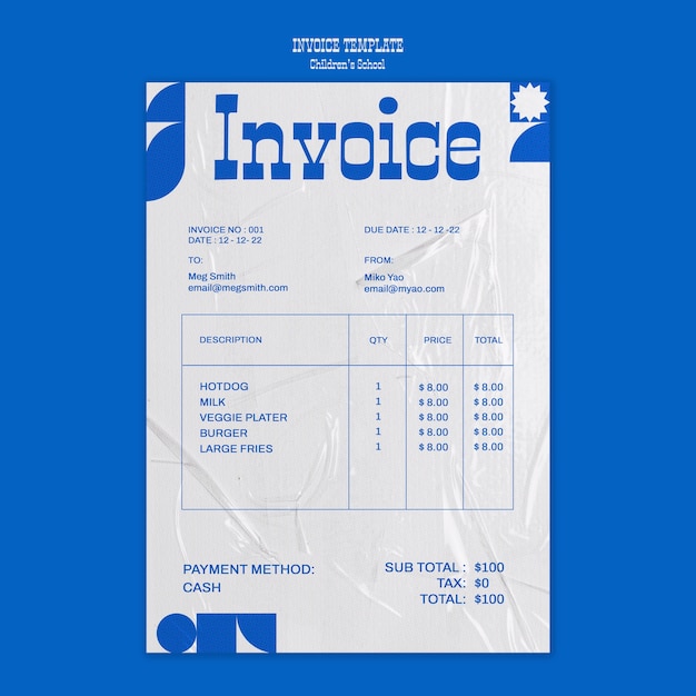 Free PSD children's school invoice template