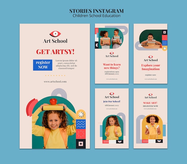 PSD gratuito set di storie di instgram per l'educazione scolastica dei bambini