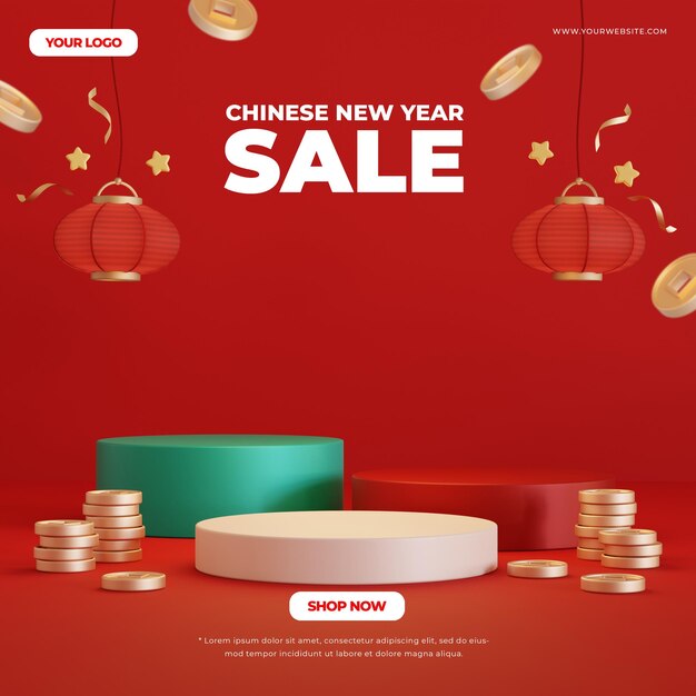 Chinese new year background for social media posts with podium for product display 3d rendering