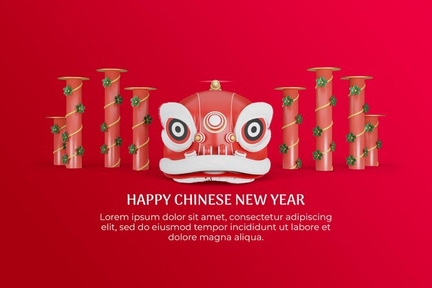 Chinese new year banner with lion dance 3d render