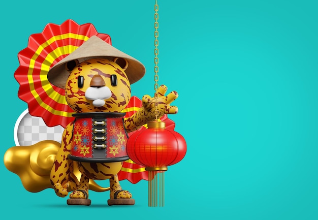 Chinese new year of the tiger background with decorations. 3d illustration