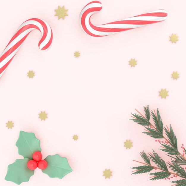 Christmas 3d background with candy canes and mistletoe