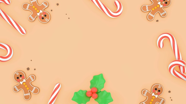 ジンジャーブレッドクッキーとキャンディケインとクリスマスの3D背景