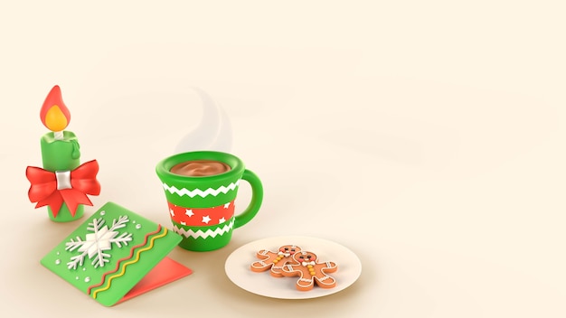 뜨거운 음료와 진저 쿠키가 있는 크리스마스 3d 배경