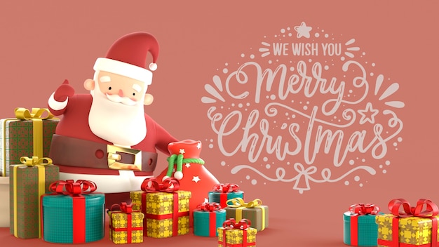 Бесплатный PSD Рождественский 3d фон с санта-клаусом и подарками