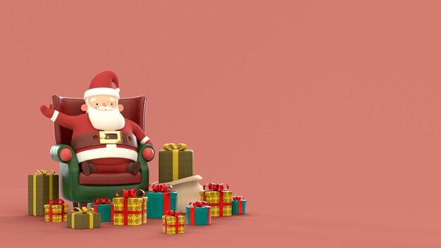 선물로 둘러싸인 안락의자에 앉아 있는 산타클로스가 있는 크리스마스 3d 배경
