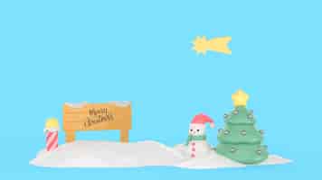 Бесплатный PSD Рождественский 3d фон со снеговиком и падающей звездой