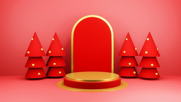 Бесплатный PSD Рождественский фон с елкой и сценическим подиумом для отображения продукта 3d-рендеринга