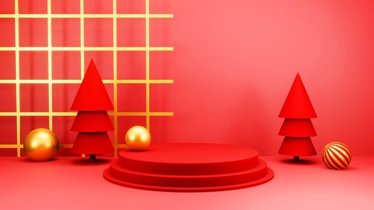 Free PSD christmas background with christmas tree and stage podium for product display 3d rendering