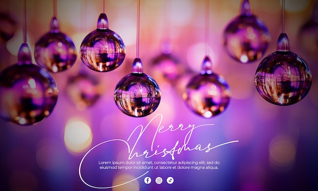 PSD gratuito banner natalizio con decorazioni a sfera di cristallo con luci sfocate e testo