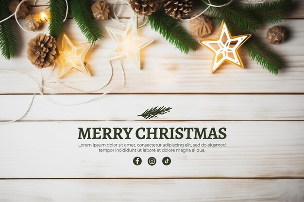 Christmas banner with garland of lights and stars with text on white wood background