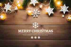 Free PSD christmas banner with garland of lights and stars with text on a wooden background