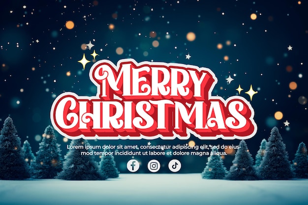 Free PSD christmas banner with label text on snowy background with trees and stars