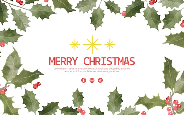 Free PSD christmas banner with leaves and red balls in watercolour with text on a white background