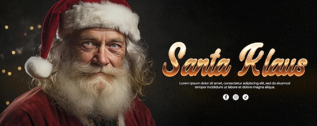 Free PSD christmas banner with santa klauss portrait and golden text