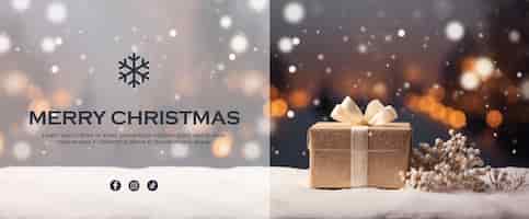 Free PSD christmas banner with text on golden gift photo on snowy background with outoffocus lights