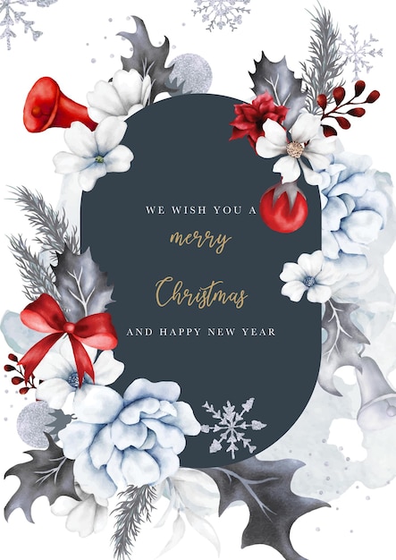 Free PSD christmas and new year card with watercolor white floral and red christmas ornament