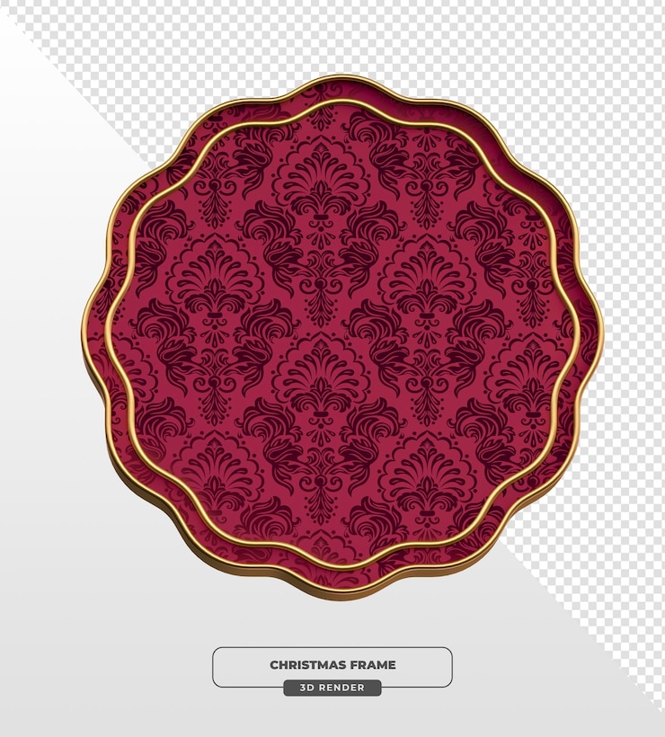 Free PSD christmas ornamental red label with golden edges and damask pattern in 3d render