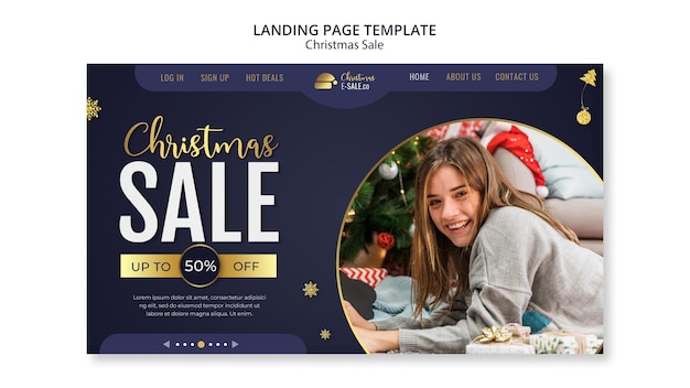 Christmas sales landing page template with golden details