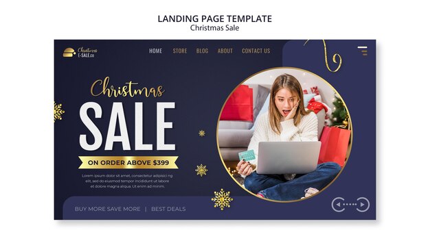 Christmas sales landing page template with golden details