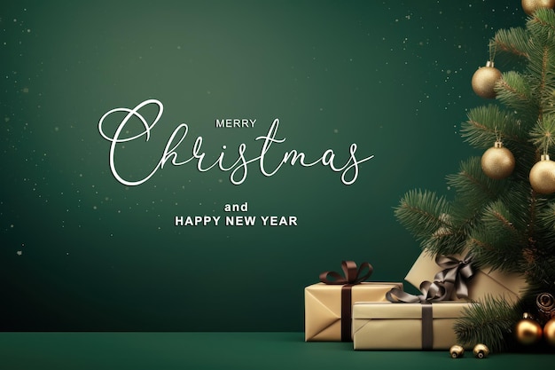 Christmas tree and gifts on green background copy space