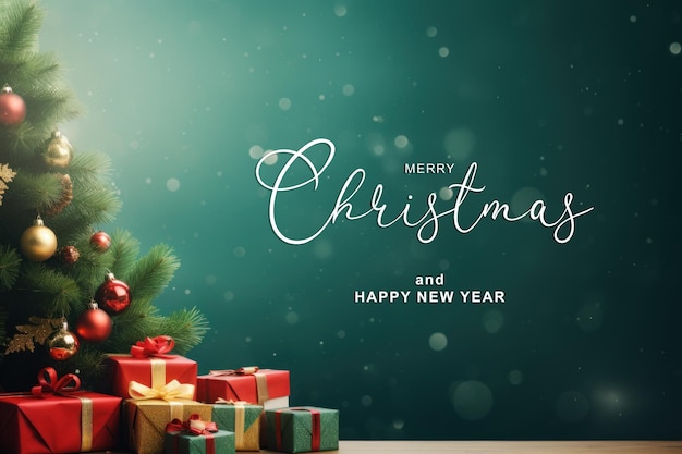 Free PSD christmas tree with gifts on wooden table with bokeh background