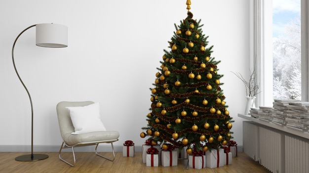 Albero di natale con albero di bagattelle d'oro al chiuso