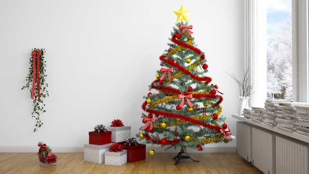 クリスマスツリーとプレゼントを屋内で