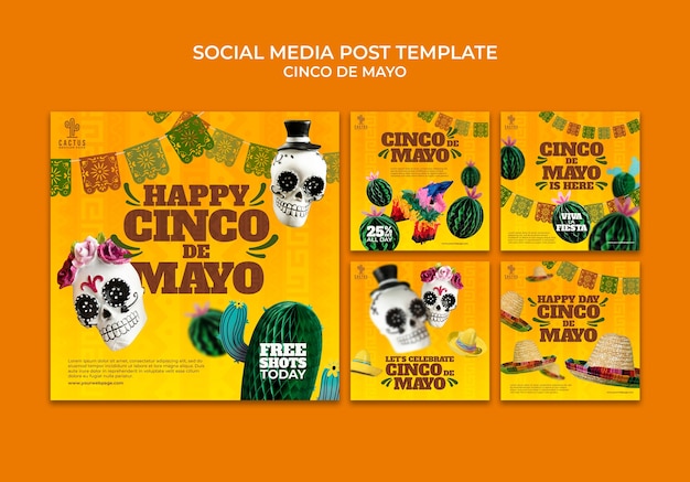 Cinco de mayo instagram posts collection with cactus and skulls