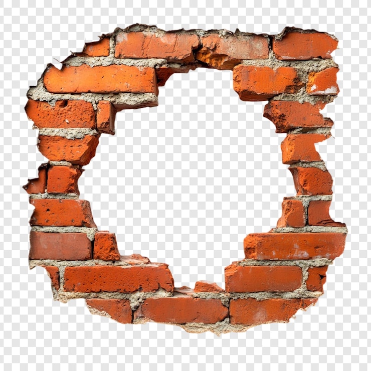 Free PSD circular hole in a red brick wall architectural detail broken brickwork frame