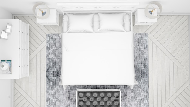 Классическая спальня или номер в отеле с двуспальной кроватью и элегантной мебелью, вид сверху