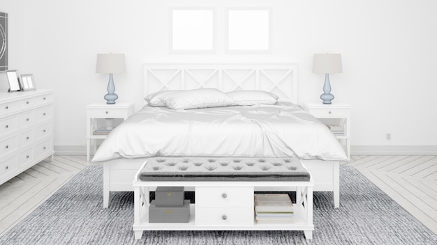 Бесплатный PSD Классическая спальня или гостиничный номер с двуспальной кроватью и элегантной мебелью
