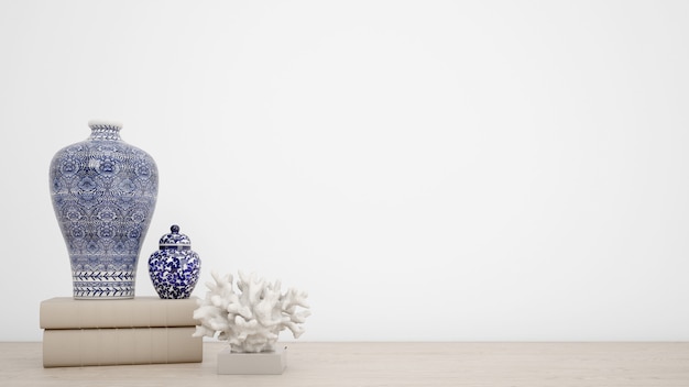 Free PSD classic vases for interior decoration and white wall with copyspace