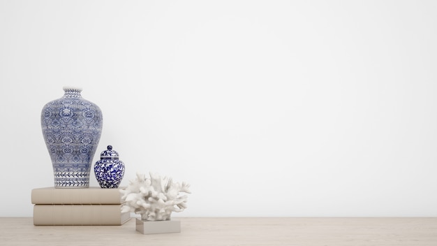 Free PSD classic vases for interior decoration and white wall with copyspace