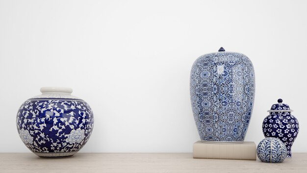 Classic vases for interior decoration and white wall