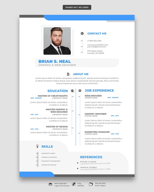 無料PSD クリーンでモダンな履歴書ポートフォリオまたは履歴書テンプレート